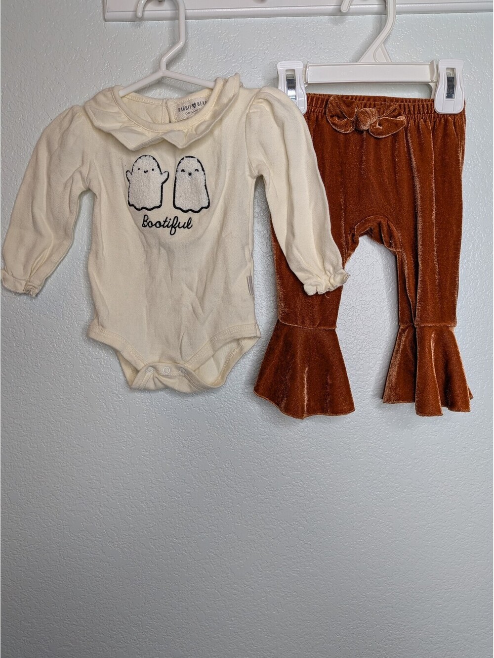 Baby ghost onesie + velvet ruffle bell bottom pants outfit 3-6mo
